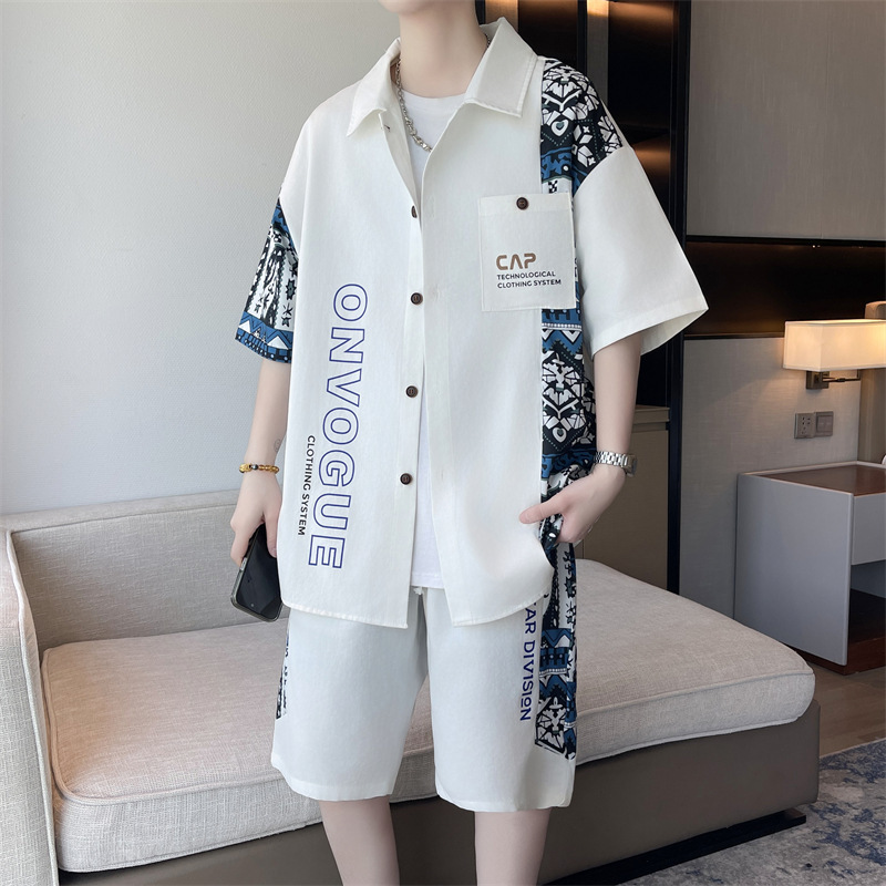 Short-sleeved suit shirt summer new men's lapel T-shirt shorts plus size American casual pants two-piece set