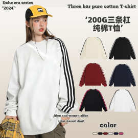 新款秋冬美式三条杠200g纯棉卫衣长袖圆领复古男女潮牌上衣跨境