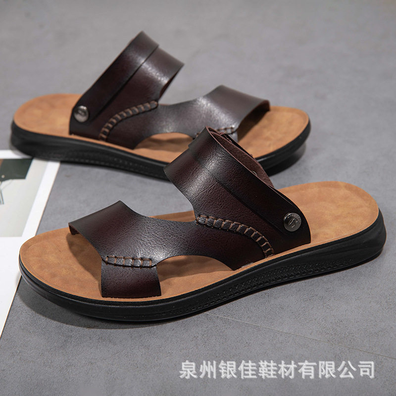 Dép sandal nam quai ngang hở ngón chất liệu da PU chống trơn, thoáng khí đi biển mùa hè — Màu xanh lam, Màu đen, Nâu vàng, Nâu đậm
