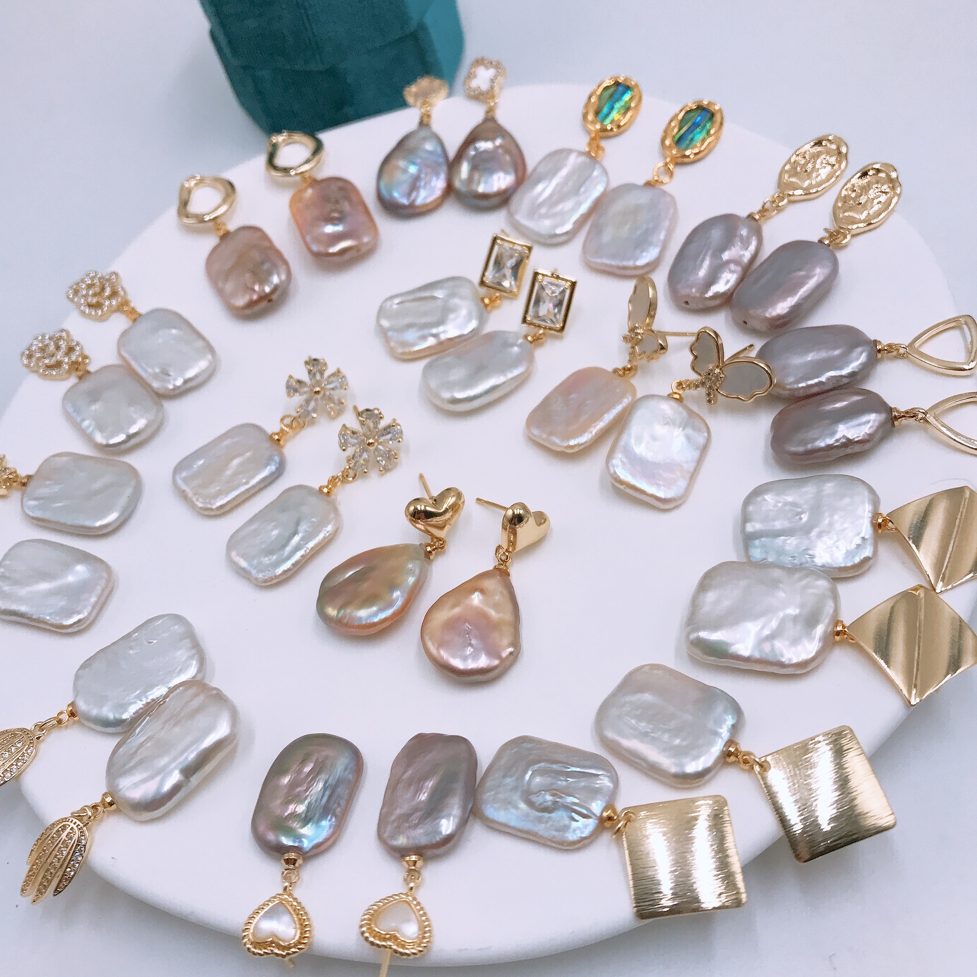 Baroque Style Square Oval Heart Shape Baroque Pearls Copper Drop Earrings 1 Pair