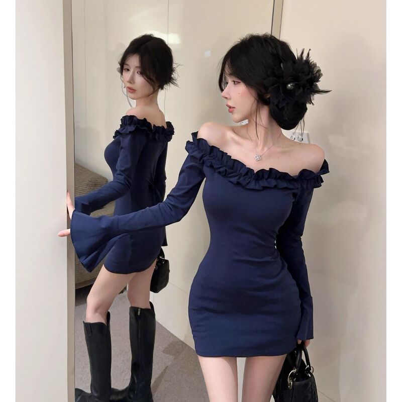 Autumn and Winter Elegant Ruffled One-Shoulder Dress for Women, Trumpet Sleeve Short Skirt, Long-Sleeved Skirt, Slim Sexy Hip-Hugging Skirt