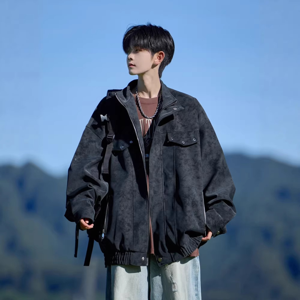 美式复古机车服PU皮夹克男加肥大码宽松潮设计感cleanfit痞帅外套