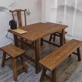 老榆木门板茶桌实木中式吧台茶几复古墙板铁艺风化木茶台