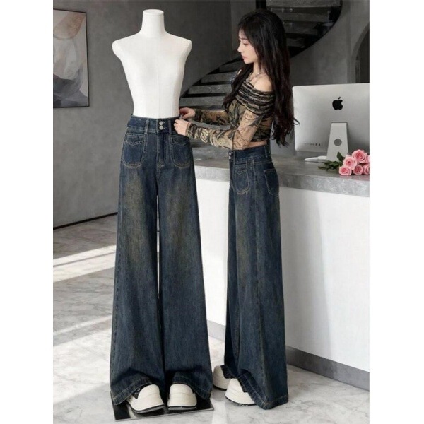 American Retro Cement Gray Wide-Leg Jeans for Women 2026 Summer Loose High-Waisted Slimming Drapey Plus Size