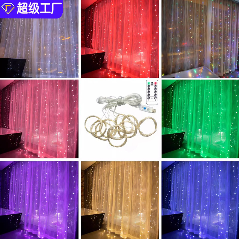 LED lámpara de alambre de cobre lámpara de cortina 3 * 3m lámpara de color cadena de lámpara de control remoto USB enchufable dormitorio sala de estar atmósfera festiva