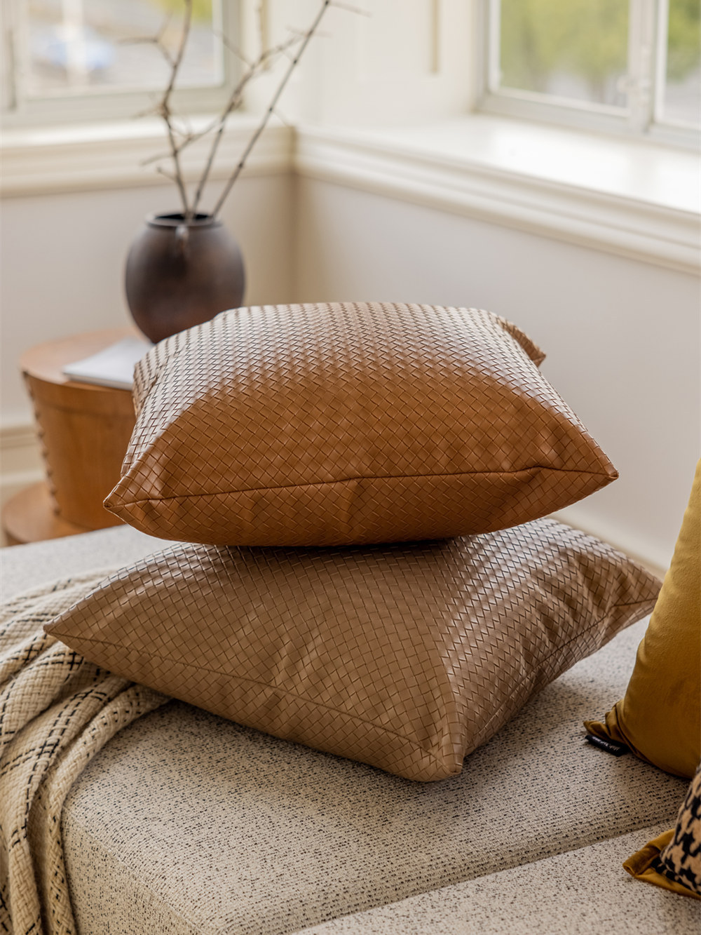 A3L复古轻奢橘棕色沙发抱枕客厅靠枕千鸟格床头靠垫套不含芯
