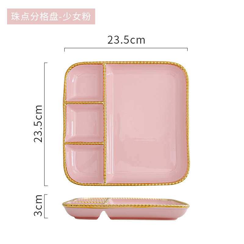 Estilo ins borde dorado con plato de vinagre Placa de dumpling hogar plato de merienda de tres rejillas de cerámica para una persona plato de desayuno de rejilla creativa