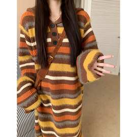 秋冬韩系直筒宽松长款毛衣裙撞色条纹卫衣连帽连衣裙女针织衫上衣