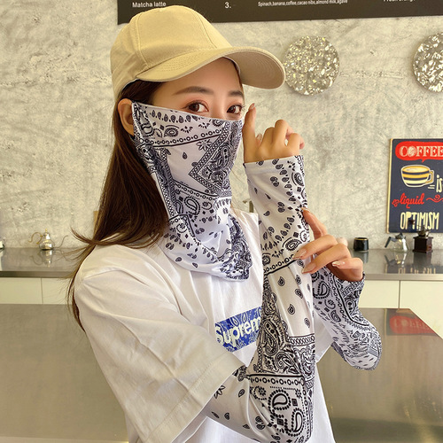 Summer Sunscreen Cashew Flower Ice Silk Breathable Ice Sleeve Veil Two-piece Set Covering Full Face Neck Protector Women's Mask Ear-hanging Women