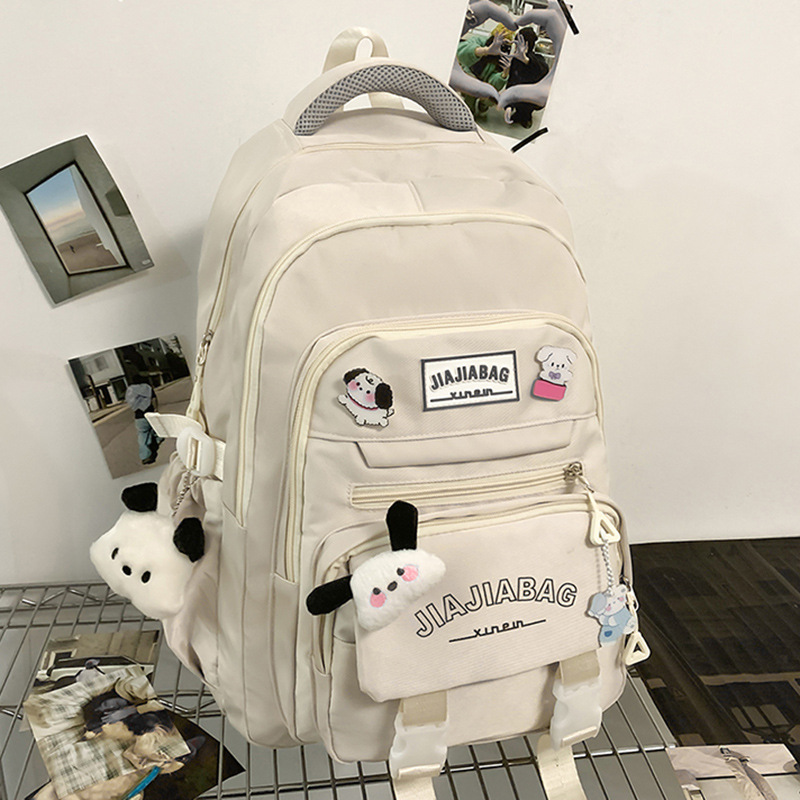 흰색 이중 어깨끈, 배지 3개 + 홍당무 강아지 + 검은 귀 강아지 펜던트