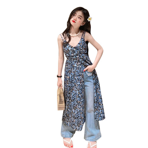 Girls Summer Stacked Floral Suspender Dress 2024 New Children's Fashionable Cute Princess Dress Girl Skirt