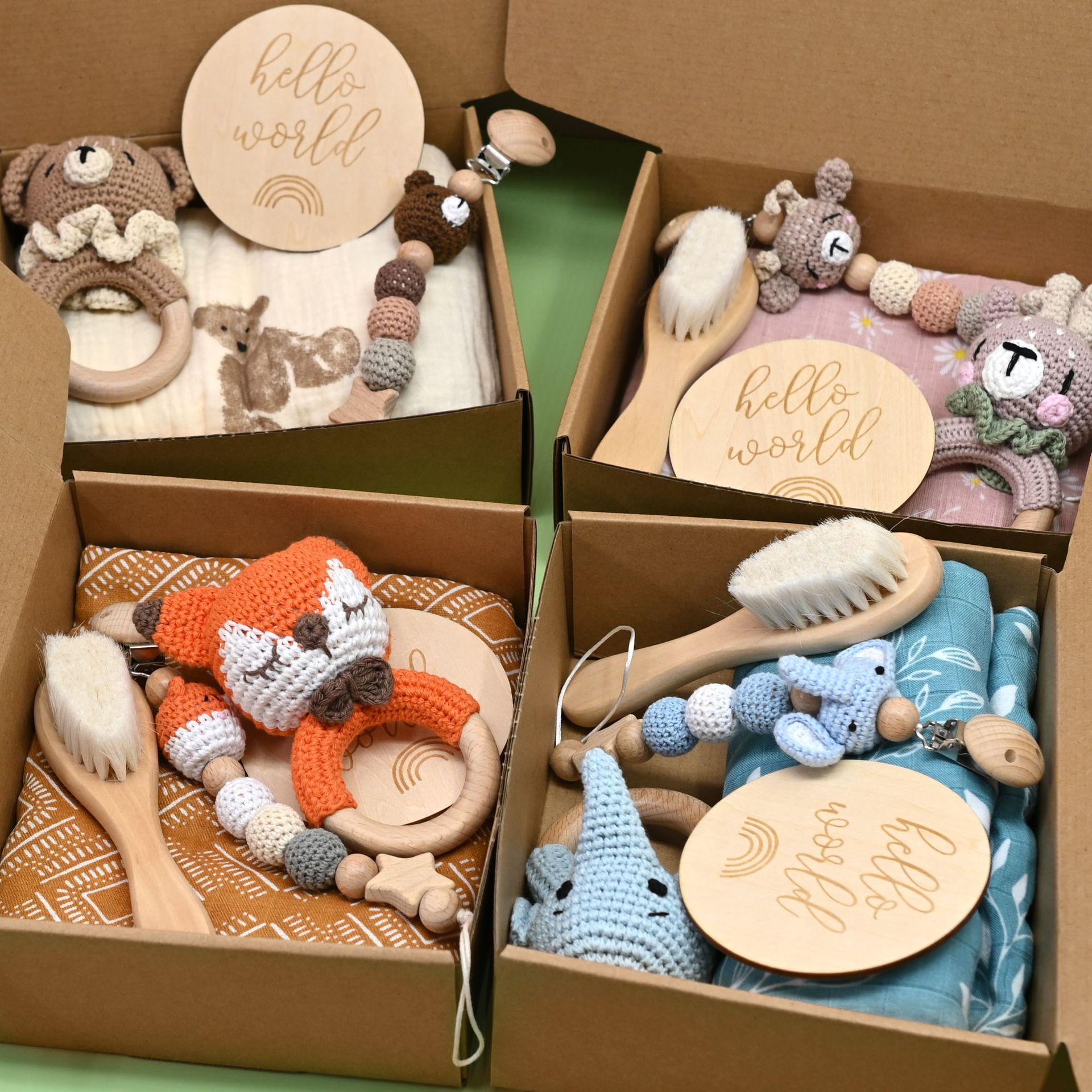 Animales explosivos bebés crochet set de madera de campana caja de regalo de nacimiento tetina cadena bebés de luna llena regalo