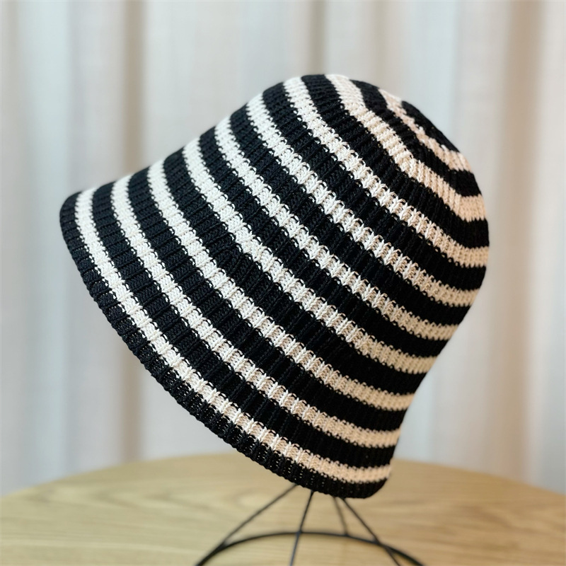 New Hat for Women's Casual Shopping Striped Fisherman Hat, Korean Version, Fashionable and Versatile Knitted Round Top Basin Hat, Foldable and Trendy_voghion.com