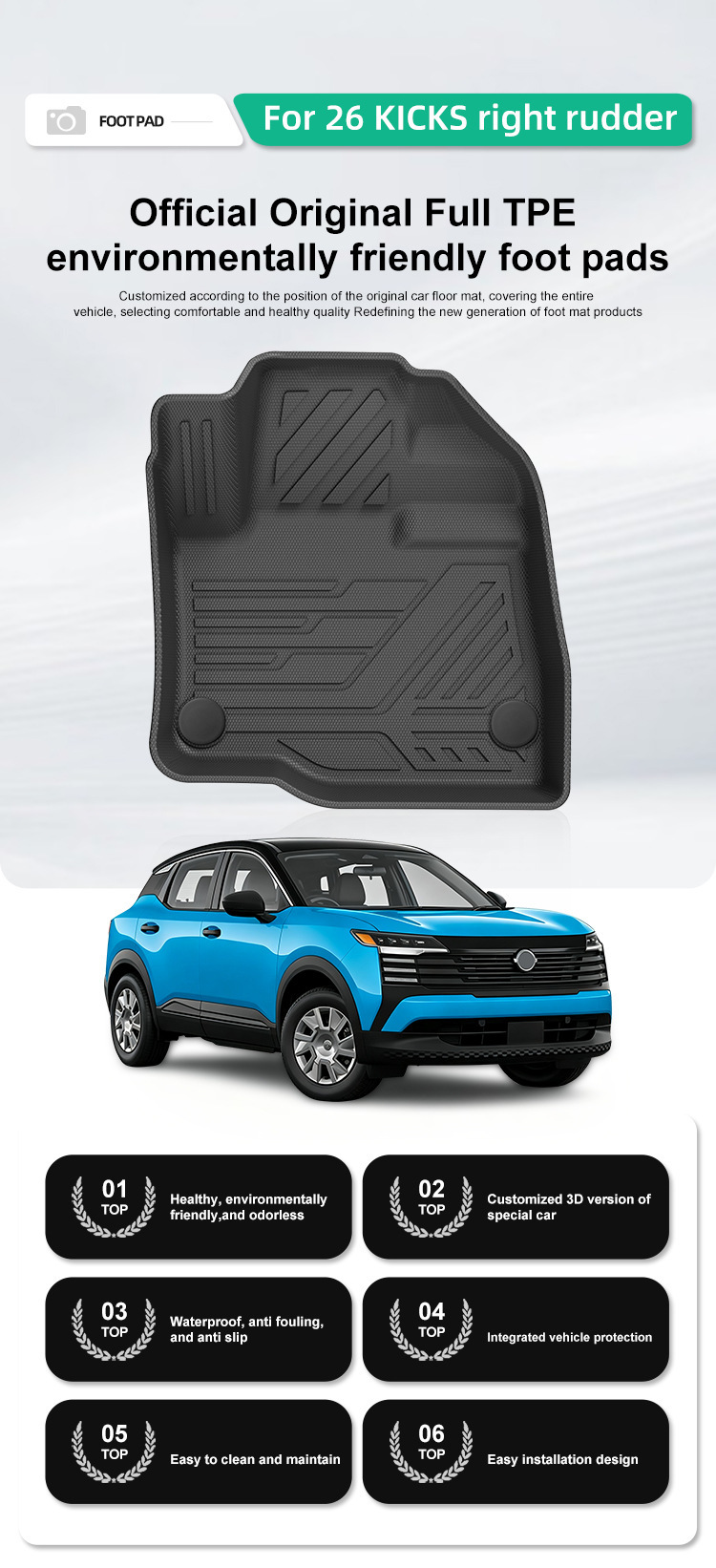Suitable for 26 models of KICKS right-hand drive cars, special TPE floor mats, trunk mat, and seat back cushion