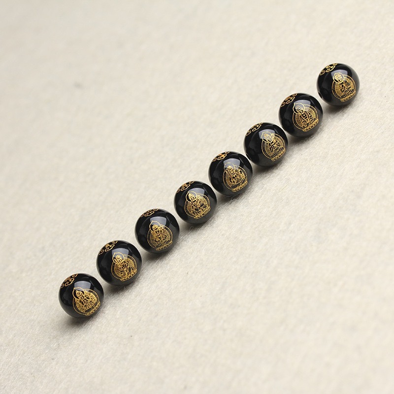 Twelve Zodiac Beads, Black Agate Birth Year Buddha Beads, Eight Guardian Deities, Double-Sided Gold-Plated Glass Birth Year Buddha Spacer Beads