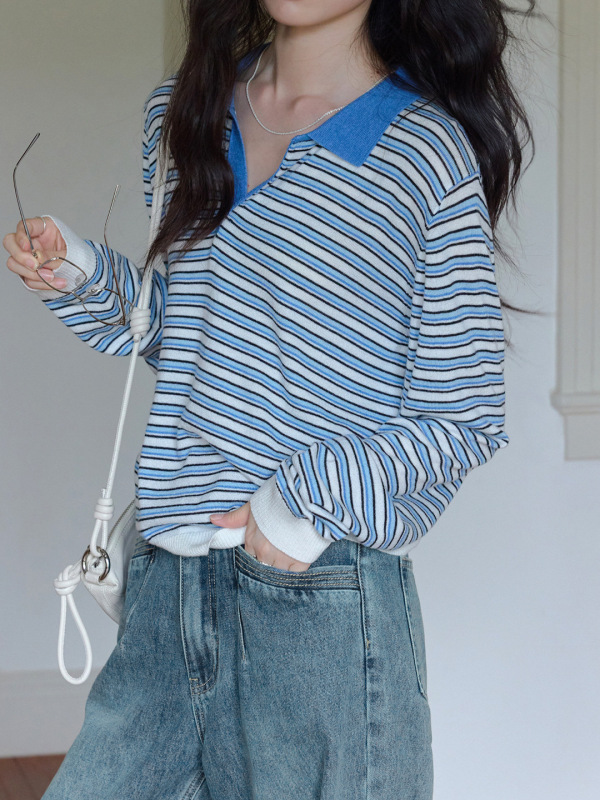 1313撞色polo翻领蓝白条套头羊毛针织衫2025女春层次感宽松薄毛衣|undefined