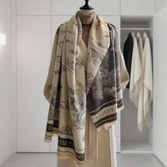 轻奢风仿羊绒提花披肩女冬季保暖双面印花山水画围巾外搭叠穿围脖