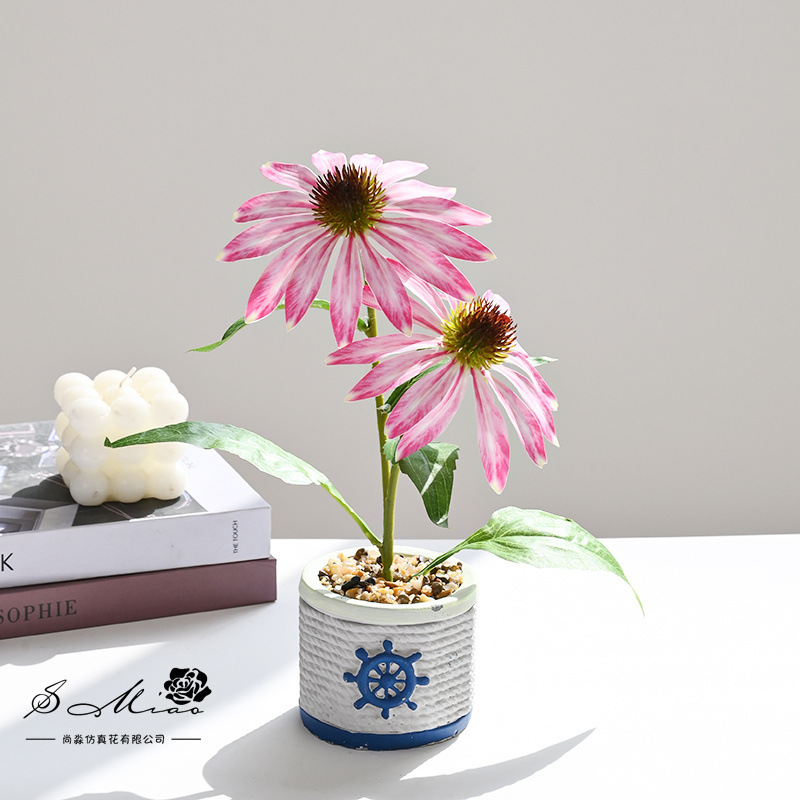 Nuevo estilo transfronterizo de dos cabezas de equinácea pequeño bonsái decoración de estudio fotográfico de hogar creativo decoración de planta verde artificial simulación en maceta image 3