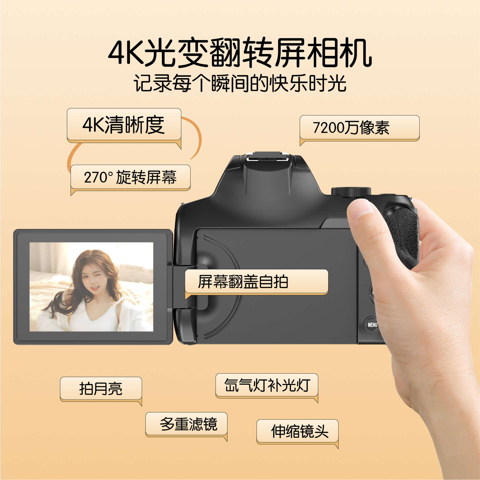 Cross-Border 72 Million Pixel W3 Selfie Entry-Level Dslr 4K High-Definition Camera for Students with Telephoto Lens for Travel