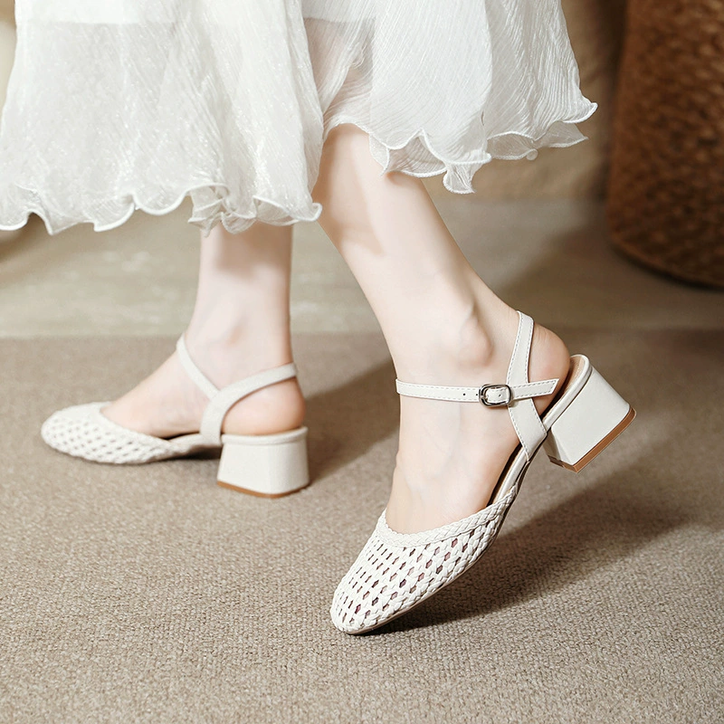 Женские летние босоножки в французском стиле, новые, ретро, плетеные, закрытые, с открытой пяткой, стильные, на толстом каблуке с одной перемычкой