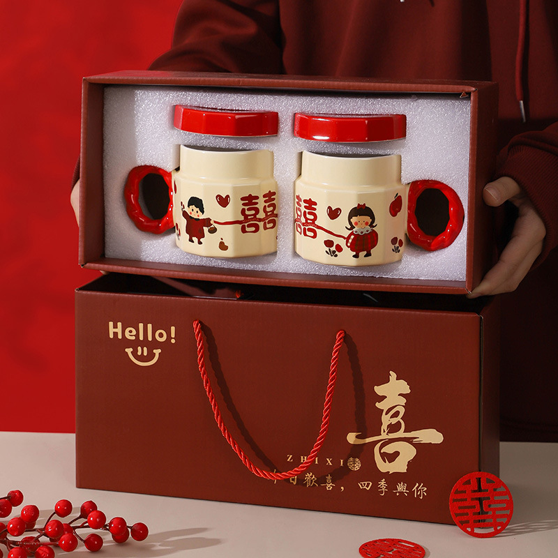 Tazas de cerámica, copas de mano, copas de mujer con tapa, copas de regalo de boda, copas de pareja, copas de agua festivas