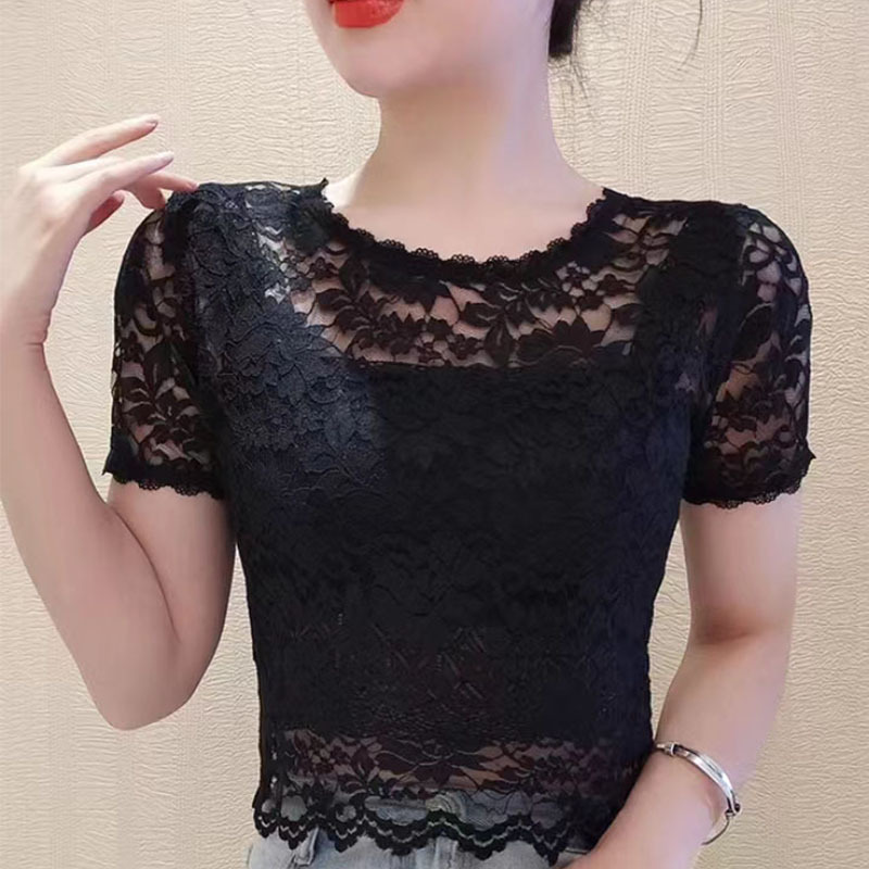 2025 Spring and Summer New Round Neck Short-Sleeved Lace Cut Out Short T-Shirt Lace Outer Shirt Bottoming Top for Women