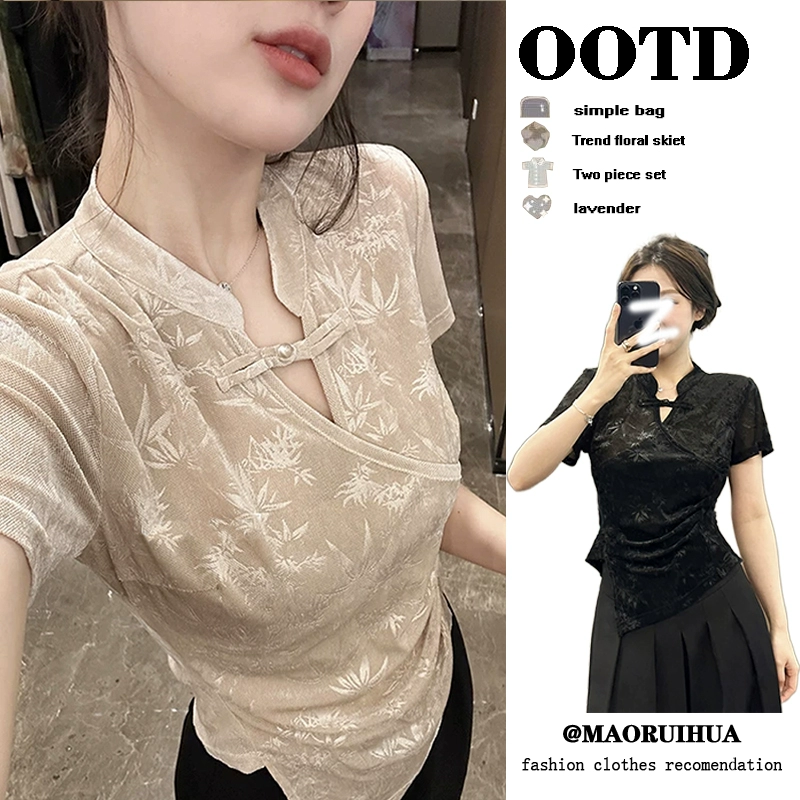 Новый китайский жаккард с коротким рукавом футболка с коротким рукавом женская нерегулярный дизайн с ощущением талии короткий топ летом 2025 новый