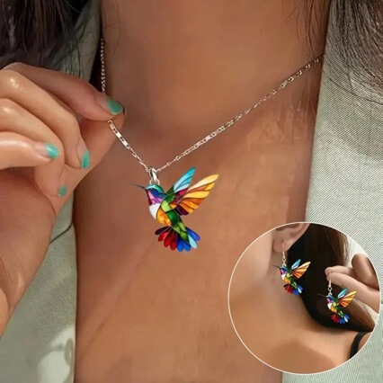 Hong Kong and Di Cross-Border Hot-Selling Colorful Bird Acrylic Earrings and Necklace Set, European and American Fashion Stainless Steel Exquisite Neck Jewelry