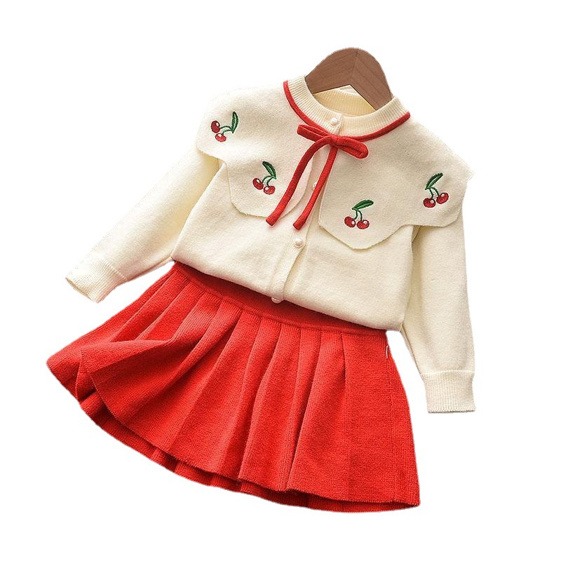 Girls Knitted Suit Skirt 2022 Spring And Autumn Baby Fashion Skirt Children's Clothing Cardigan Top Sweater Two-piece Set