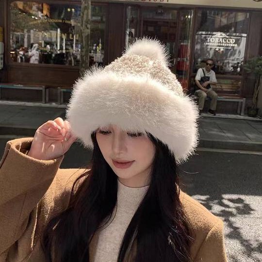模造ラムウール帽子冬プラスベルベットファッショナブルな耳保護サンダーハット女性用韓国版厚みのあるかわいい毛皮のボール|undefined