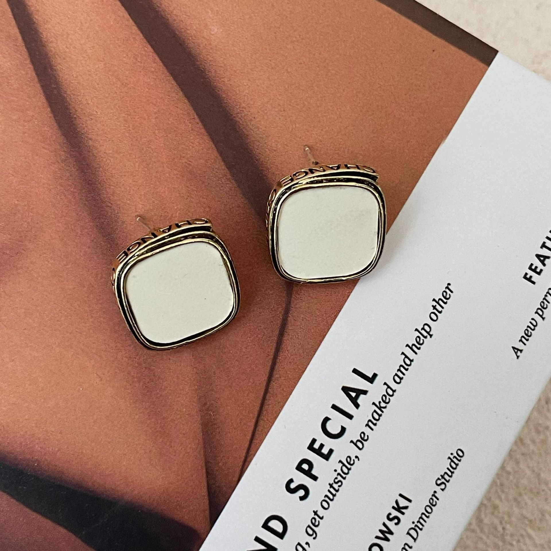 White square retro earrings with letters