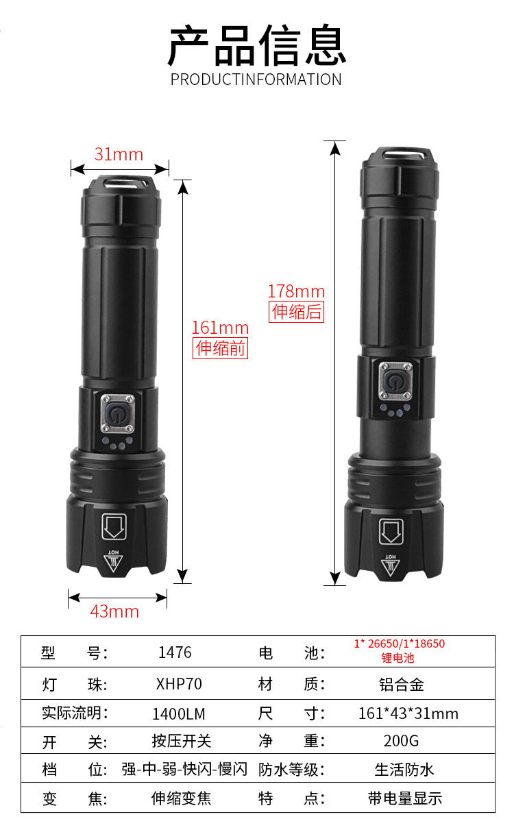 跨境新款XHP70强光手电USB充电变焦战术强光手电户外多功能手电筒详情11