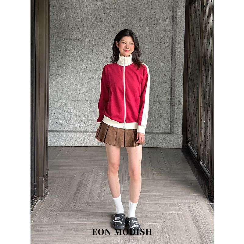 【Little Tianba】Unisex American Retro Simple Versatile Color-Block Knit Cardigan Jacket