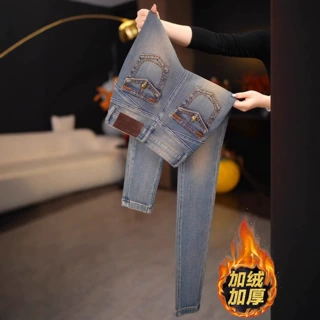 秋冬季新款复古高腰加绒牛仔裤女时尚修身显瘦做旧弹力小脚牛仔裤