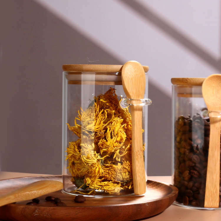 Wholesale con cucharas de vidrio, granos de café, flores de té, tanque de almacenamiento sellado con cucharas de mantenimiento fresco, condimento circular, tanque de almacenamiento