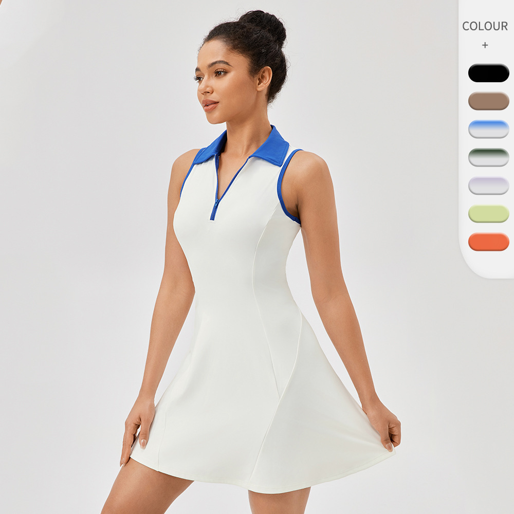 European and American Lapel One-Piece Tennis Skirt for Women Quick-Drying Breathable Waist Contrast Sports Casual Fitness Dress 42157