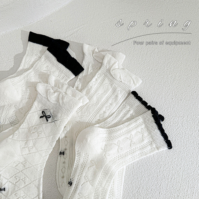 Sweet Ruffled Socks for Women with Embroidered Bow, Mid-Calf, Ins Japanese Style, Hollow Diamond Pattern, Slouchy Long Socks