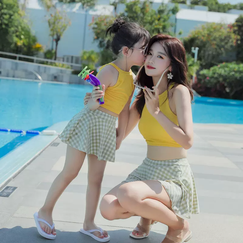 亚马逊跨境亲子儿童泳装长袖防晒裙式分体泳衣母女小童女童中小童