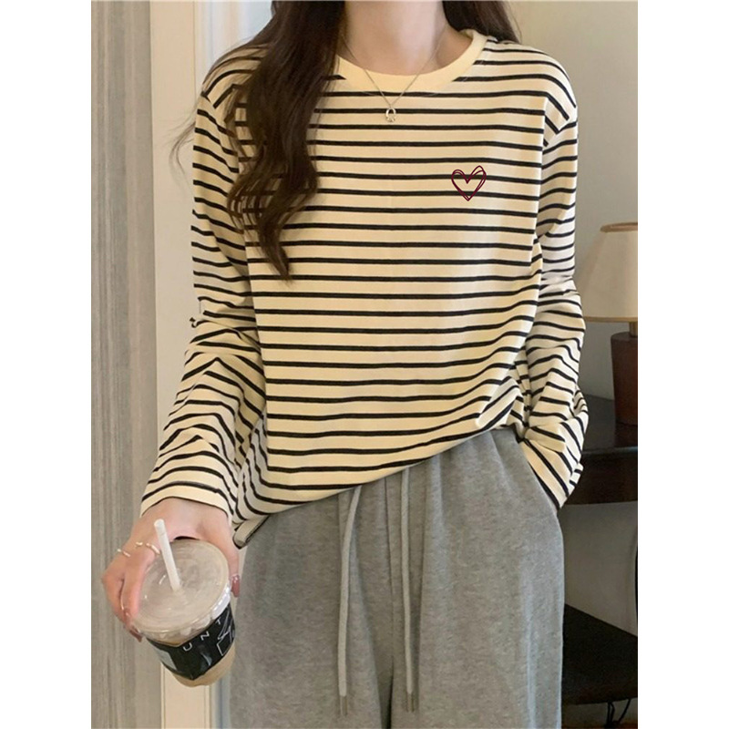 Long-Sleeved T-Shirt Women's Right Shoulder Cotton Round Neck Stripesd 2025 New Fashion Versatile Top Bottoming Shirt Spring, Autumn and Winter
