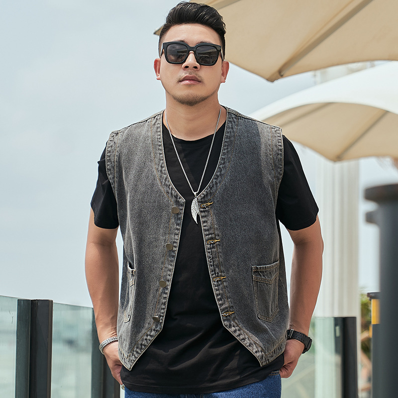 Plus Size Men's Fat Denim Vest Plus Fat Enlarged Sleeveless Top Fat Man Korean Style Vest Motorcycle Vest Top