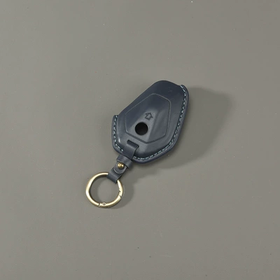 Car key bag R12 Key Cover Handmade Cowhide - blue-round-buckle