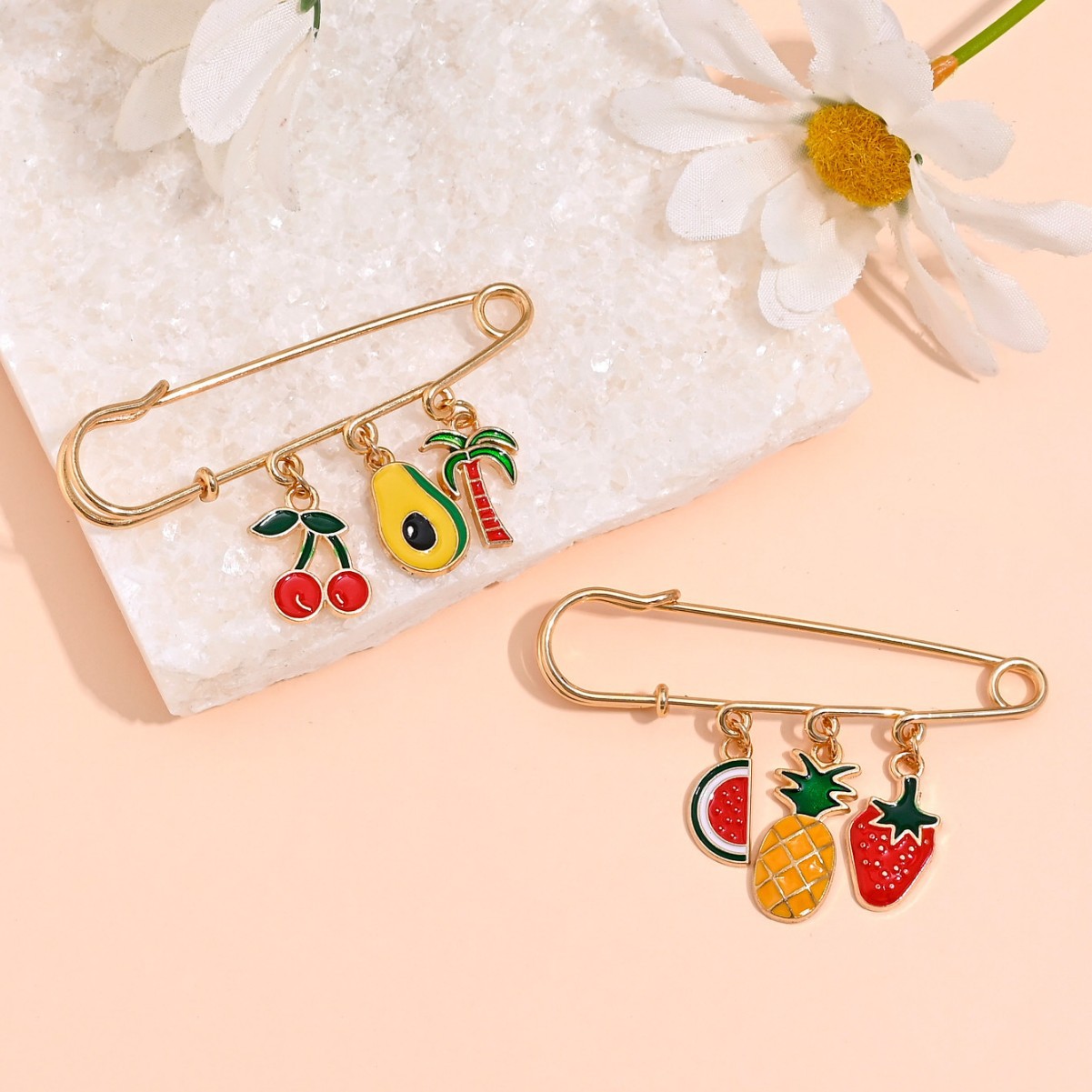 European and American Cross-Border Pastoral Style Strawberry Cherry Watermelon Pineapple Avocado Coconut Tree Pendant Brooch Waist Pin Brooch