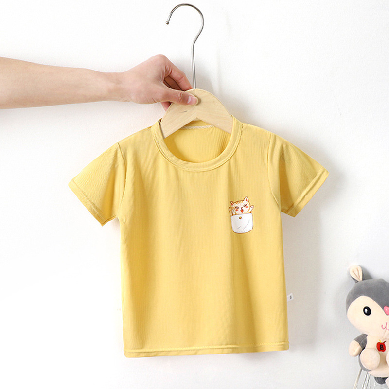 Ice silk children's short sleeve T-shirt 22 summer new solid color cartoon middle size children's top baby half sleeve bottoming shirt