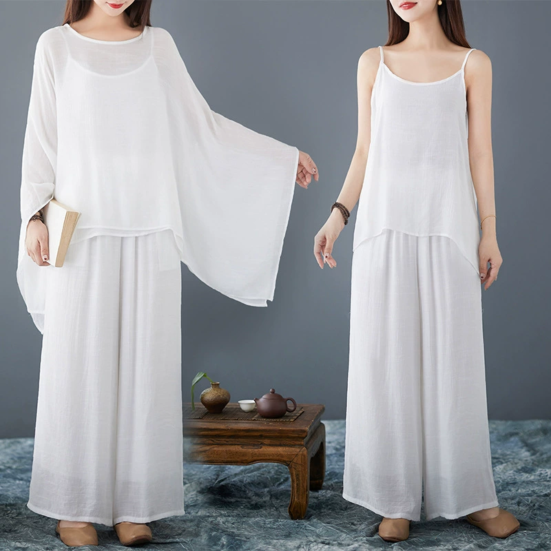 2025 новый китайский стиль белый костюм дзен женский фея дзен топ широкие брюки костюм медитации медитация костюм чайный костюм