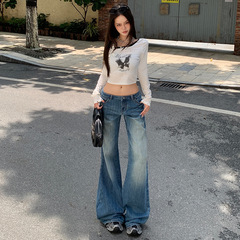 设计感复古微喇牛仔裤女2025年秋冬新款低腰宽松阔腿显瘦喇叭裤子