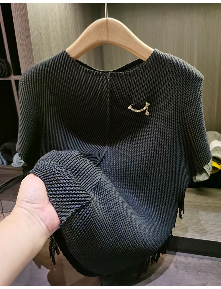 Áo thun nữ cổ tròn tay ngắn chất liệu vải lụa nhung in họa tiết vảy rồng — màu đen, màu tím, Hồng ngó sen, màu xám chi tiết 14