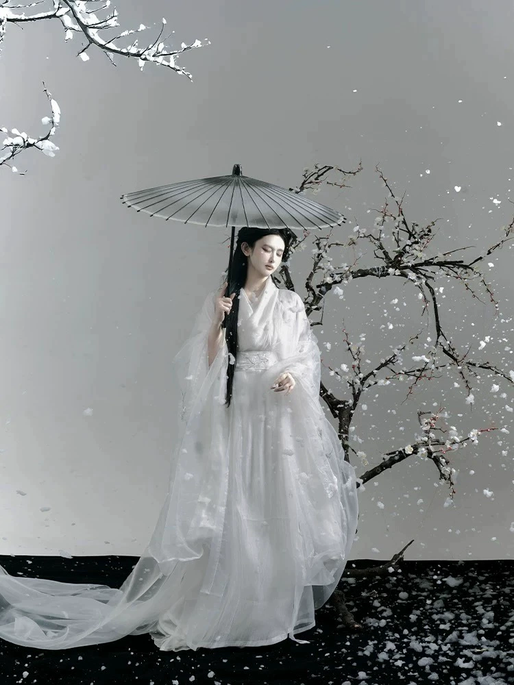 Новая оригинальная весенне-летняя рубашка Hanfu в новом стиле с вышивкой снежной сливы и большими рукавами, двухслойная длинная рубашка с перекрестным воротником, прямой подол, древний костюм Hanfu