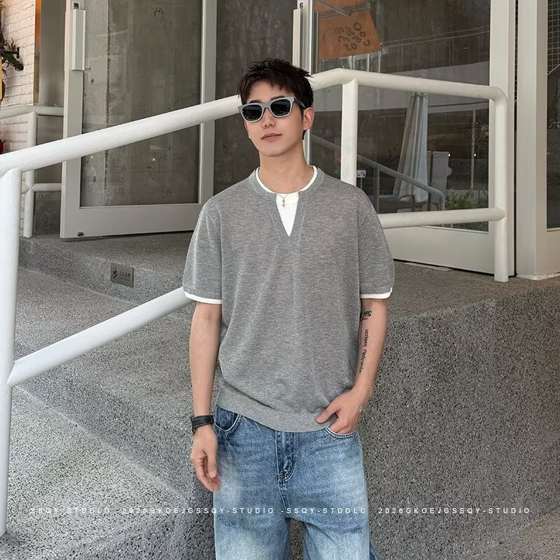 Falsa camiseta de manga corta de dos piezas hombre cuello V cuello redondo viejo viento de negocios camiseta de hielo delgada verano fábrica transfronteriza al por mayor
