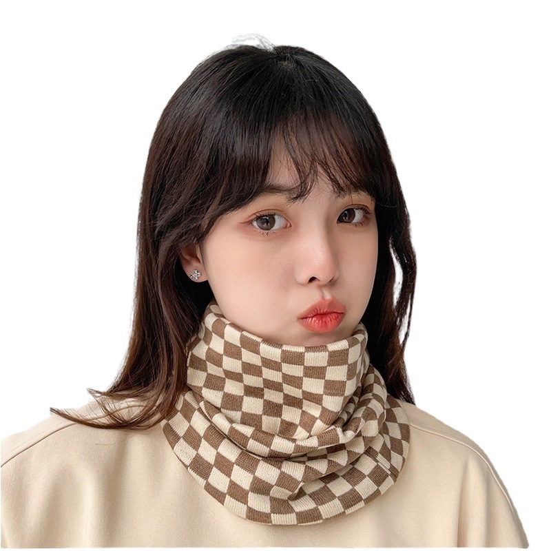 New Houndstooth Knitted Mask Autumn and Winter Korean Style All-match Windproof Warm Multi-functional Neck Neck Protection Neck Cover Scarf