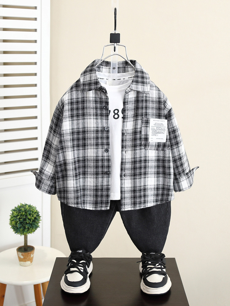5839 Chaqueta de camisa de primavera y otoño para niños 2024 Nueva camisa a cuadros de otoño para bebés de moda